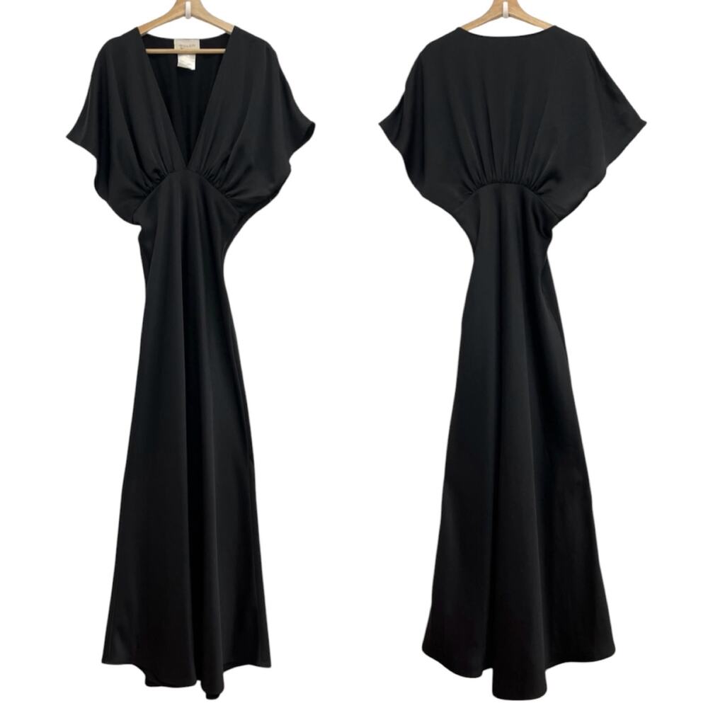 BHLDN Amelia Deep-V Neck Plunge Flutter Short Sleeve Satin Maxi Dress Gown US10 - Picture 13 of 15